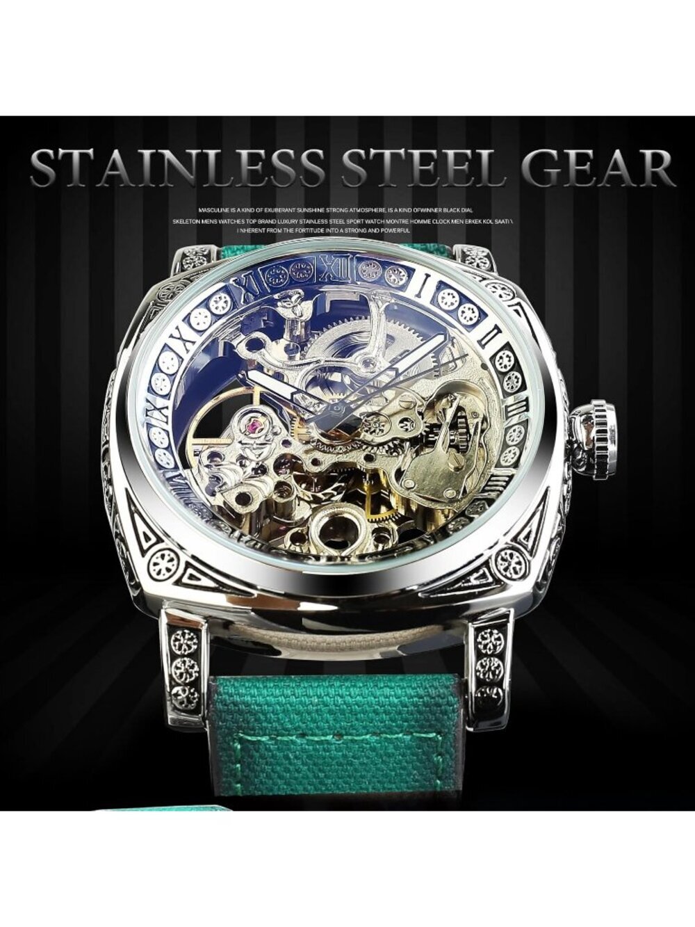 Men's Green Square Mechanical Leather Strap Self-Wind Carved Automatic Watch - Picture 2 of 7